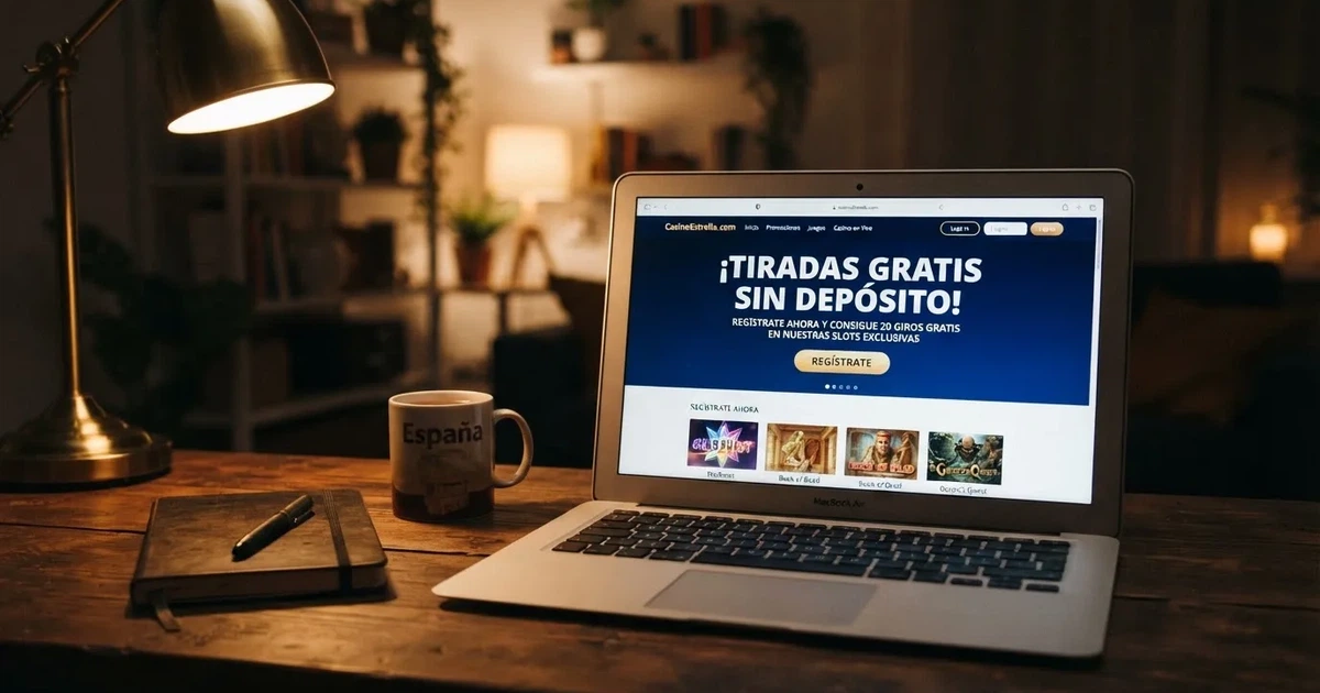 Pantalla de un casino online español con una promoción de tiradas gratis sin depósito destacada en la página de bienvenida