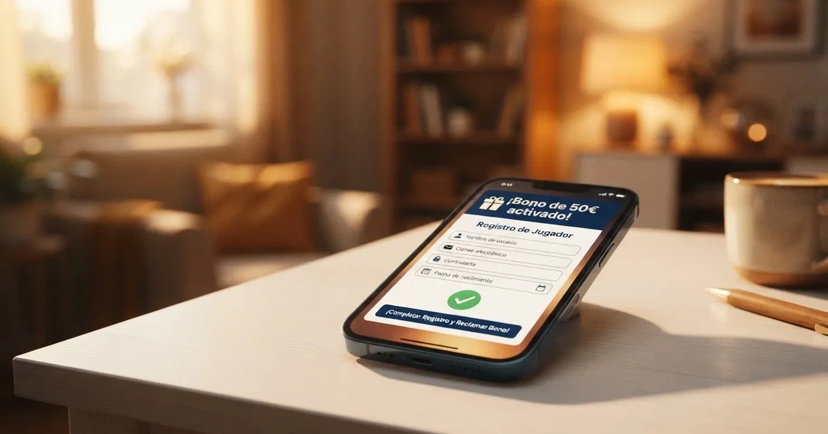 Un teléfono móvil mostrando la pantalla de registro de un casino online con la notificación de un bono de 50 euros sin depósito