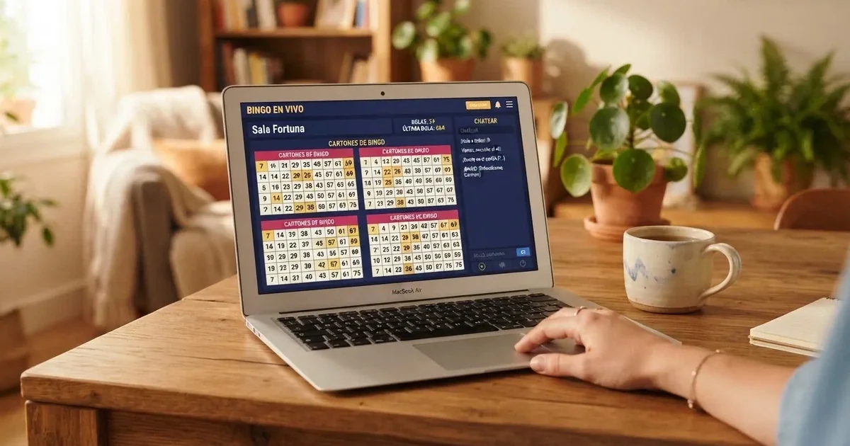 Sala de bingo online con cartones virtuales en pantalla, números cantados y chat de jugadores activo