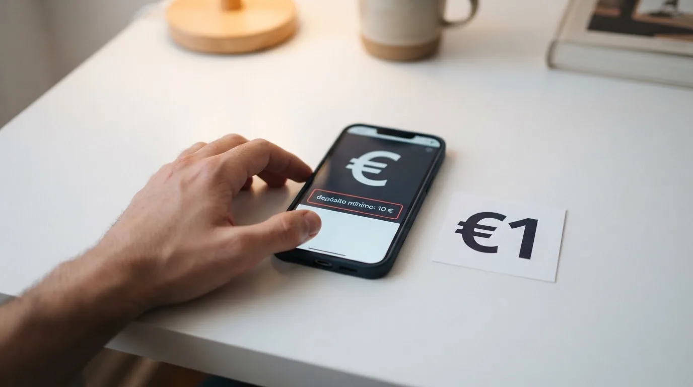 Un jugador introduce 1 euro en el cajero y una notificación en pantalla le indica que el bono de bienvenida requiere un depósito mínimo superior