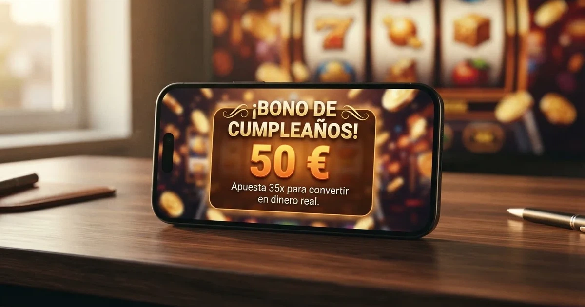 Notificación de bono de cumpleaños en la pantalla de un casino online español con licencia DGOJ.