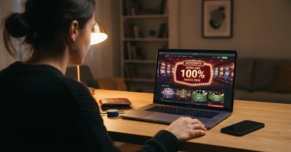 Un jugador frente a la pantalla de un casino online español con el banner de bono de bienvenida del 100% visible y una tarjeta de crédito junto al teclado