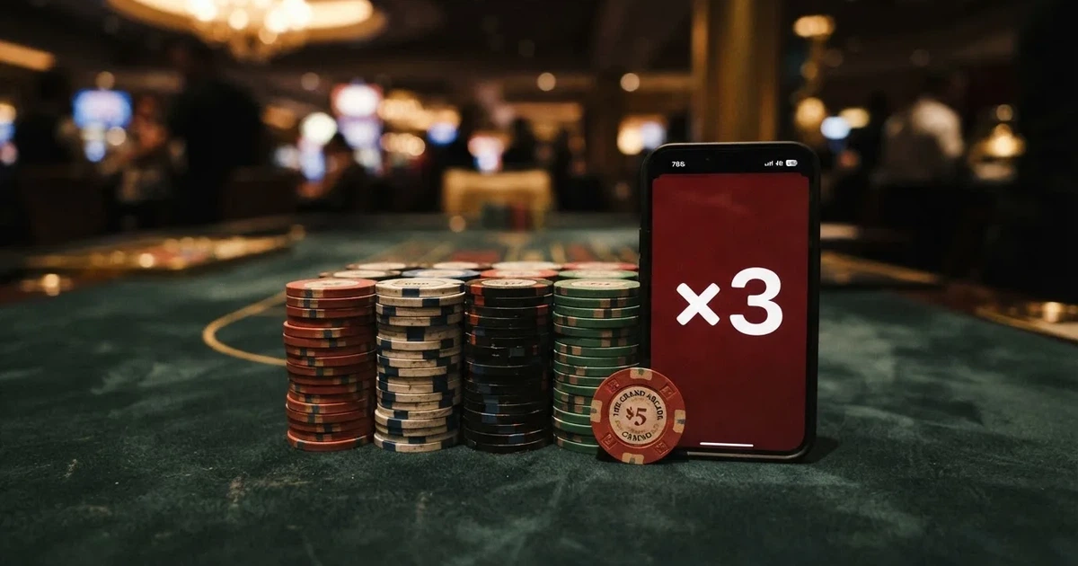 Un primer plano de fichas de casino apiladas junto a una pantalla que muestra un multiplicador x3 y el texto «300 %» sobre un fondo de mesa de juego.