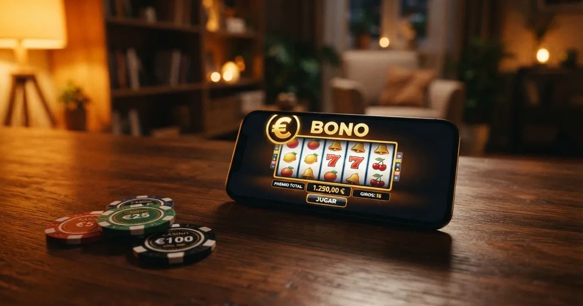 Pantalla de un casino online español con una oferta de bono sin depósito destacada, mostrando el importe en euros y las condiciones principales