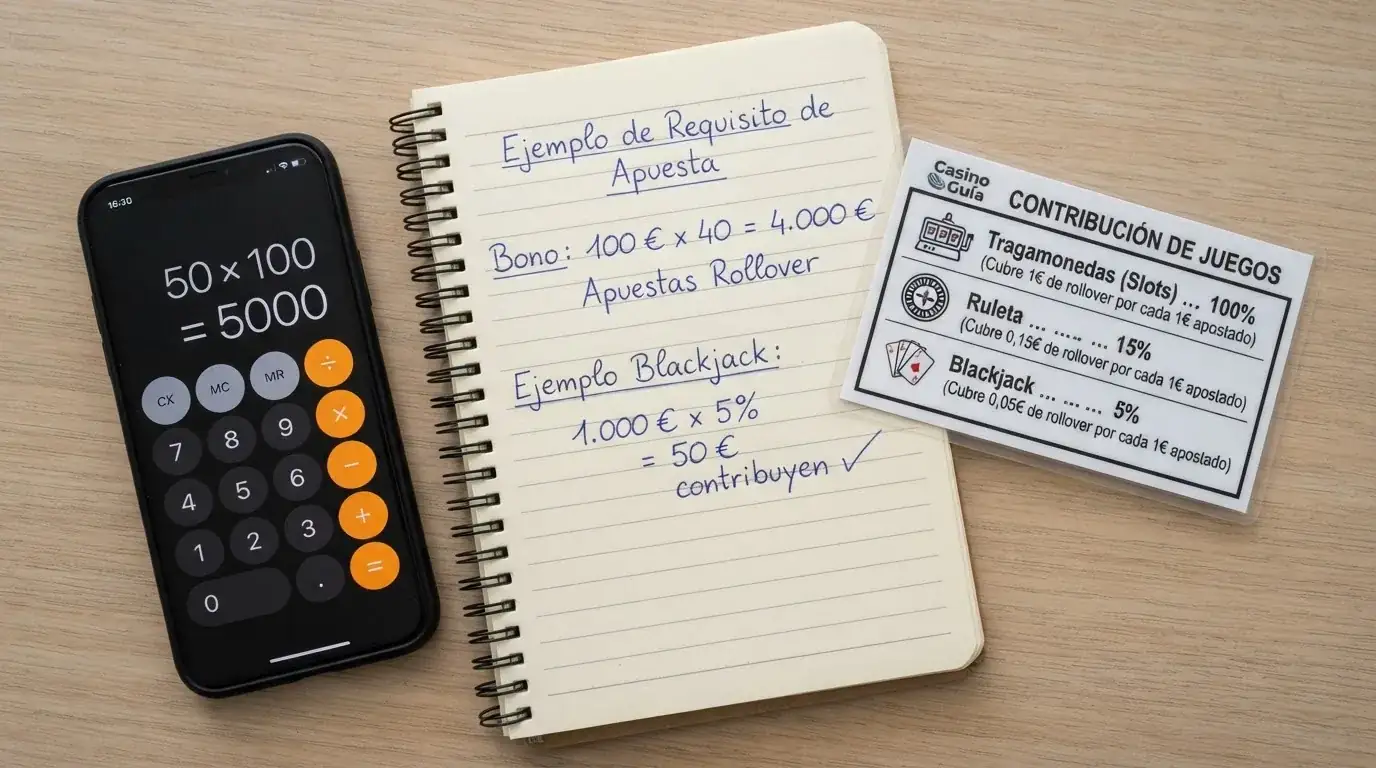Una calculadora junto a una tabla de contribución de juegos al rollover — slots 100 %, ruleta 15 %, blackjack 5 % — mostrando cómo se reduce el requisito según el juego elegido