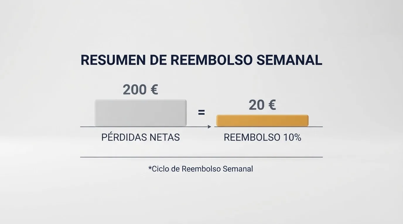Gráfico que ilustra el cálculo de un reembolso del 10% sobre 200 euros de pérdidas netas en un periodo semanal