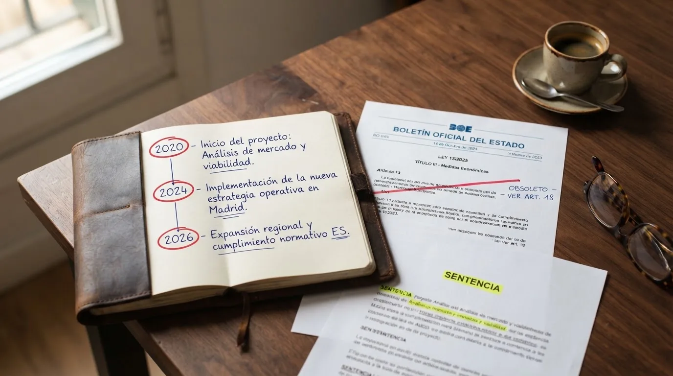 Un calendario abierto sobre una mesa con tres fechas marcadas en rojo —2020, 2024 y 2026— junto a un extracto del BOE con el artículo 13 tachado y la sentencia del Supremo resaltada