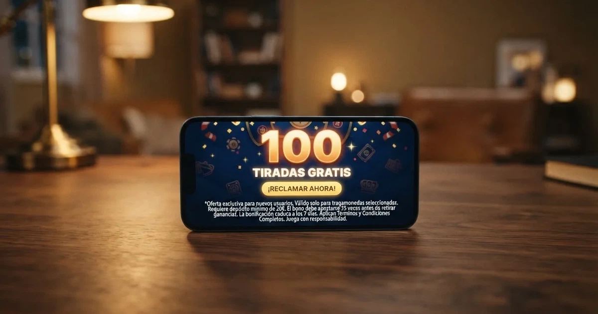 Pantalla de promoción de tiradas gratis en un casino online español con el contador de giros y los términos legales visibles en la parte inferior.