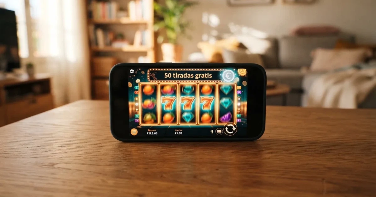 Pantalla de un casino online español mostrando una promoción de 50 tiradas gratis sin depósito sobre el fondo de una tragaperras