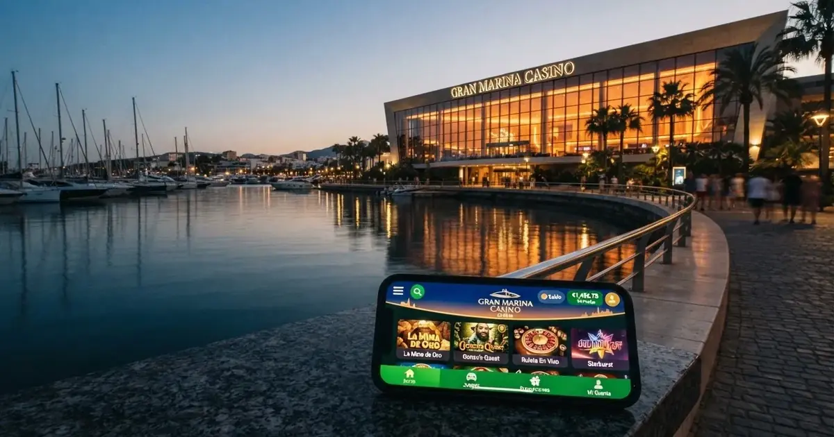 Fachada iluminada del Casino Barcelona de Port Olímpic junto a la pantalla de un móvil mostrando la página de inicio, conectando el casino físico y la plataforma online bajo la misma marca