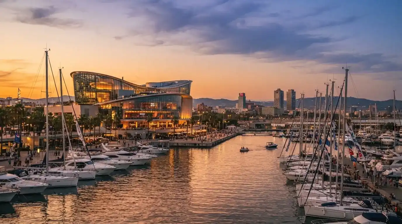 Vista exterior del edificio del Casino Barcelona en el Port Olímpic, con la marina y el skyline de Barcelona al fondo en un atardecer de verano