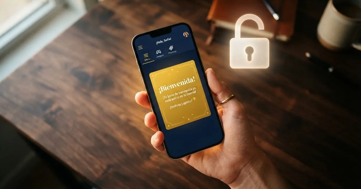 Una mano sosteniendo un teléfono móvil con la pantalla mostrando la ficha de bienvenida de un casino online español; al fondo, el logotipo de la DGOJ y un candado abierto