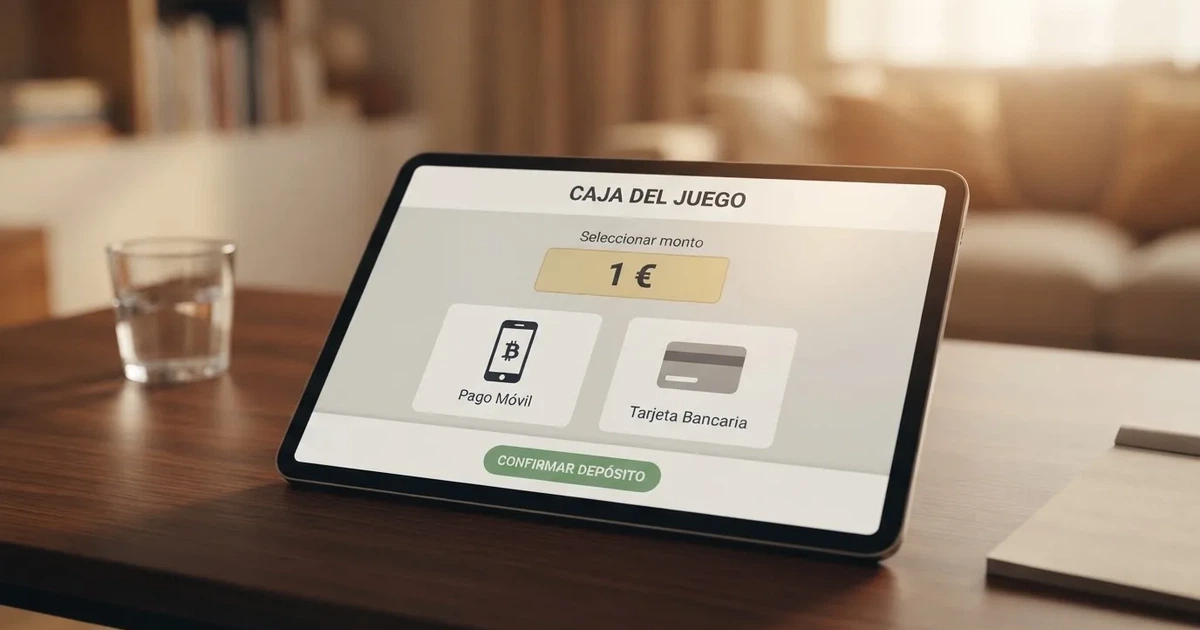 Pantalla de un casino online español mostrando el cajero con el importe de1e uro seleccionado y los iconos de Bizum y tarjeta como métodos dispon ibles