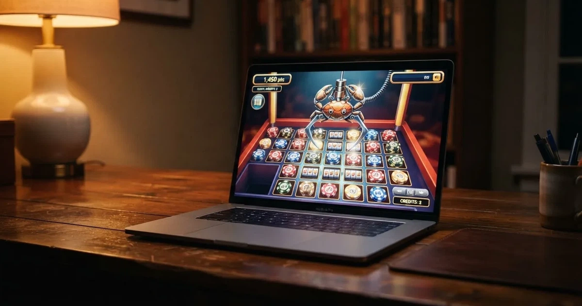 Pantalla de un casino online mostrando el minijuego Bonus Crab con la garra virtual sobre los premios disponibles