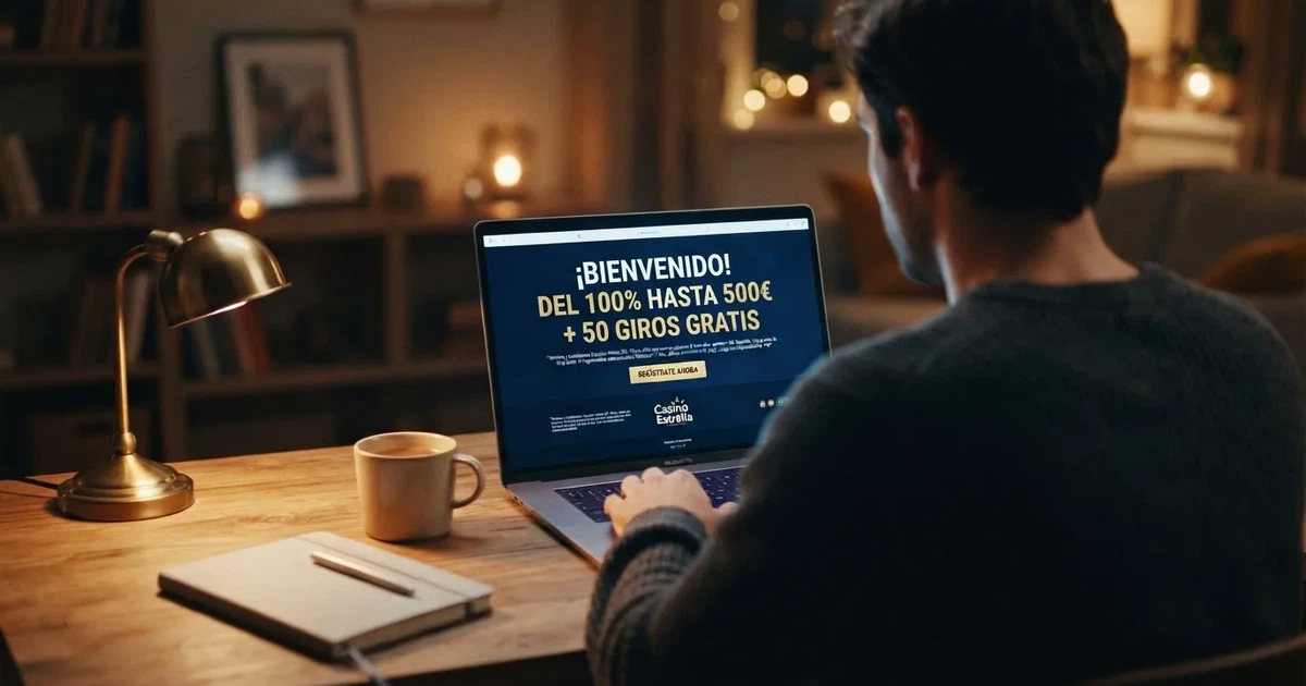 Un jugador frente a la pantalla de un casino online en español con el texto de condiciones del bono de bienvenida visible en primer plano