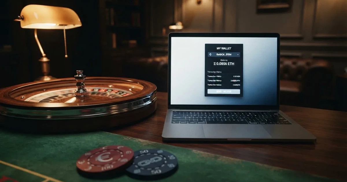 Un monedero de criptomonedas abierto en la pantalla de un ordenador junto a una ruleta digital con fichas de Bitcoin y Ethereum