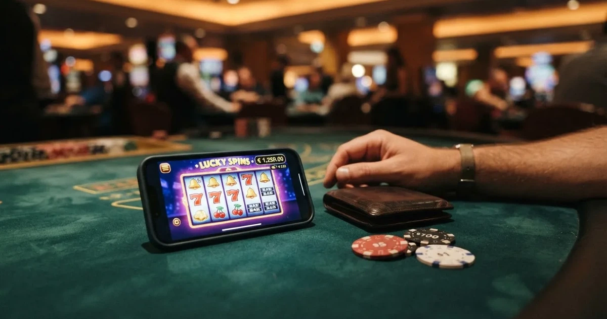 Un teléfono móvil mostrando la pantalla de un casino online junto a un monedero de criptomonedas con el logo de Dogecoin y fichas de casino