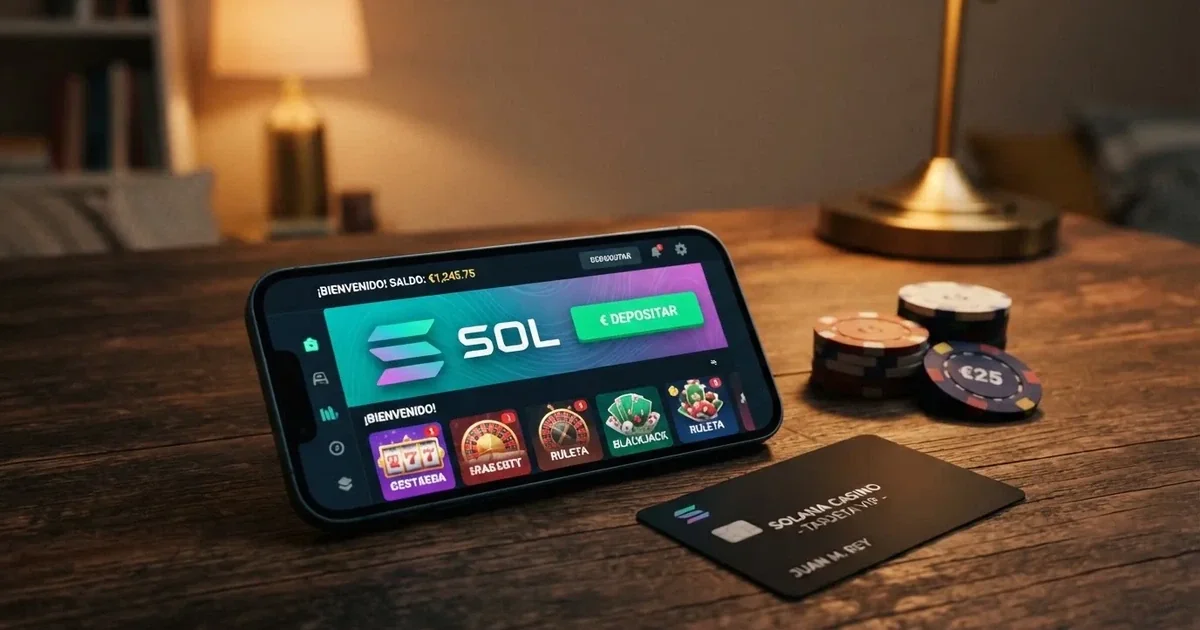 Pantalla de inicio de un casino online que muestra la opción de pago con Solana, junto a fichas de póquer iluminadas y el logotipo de la criptomoneda SOL