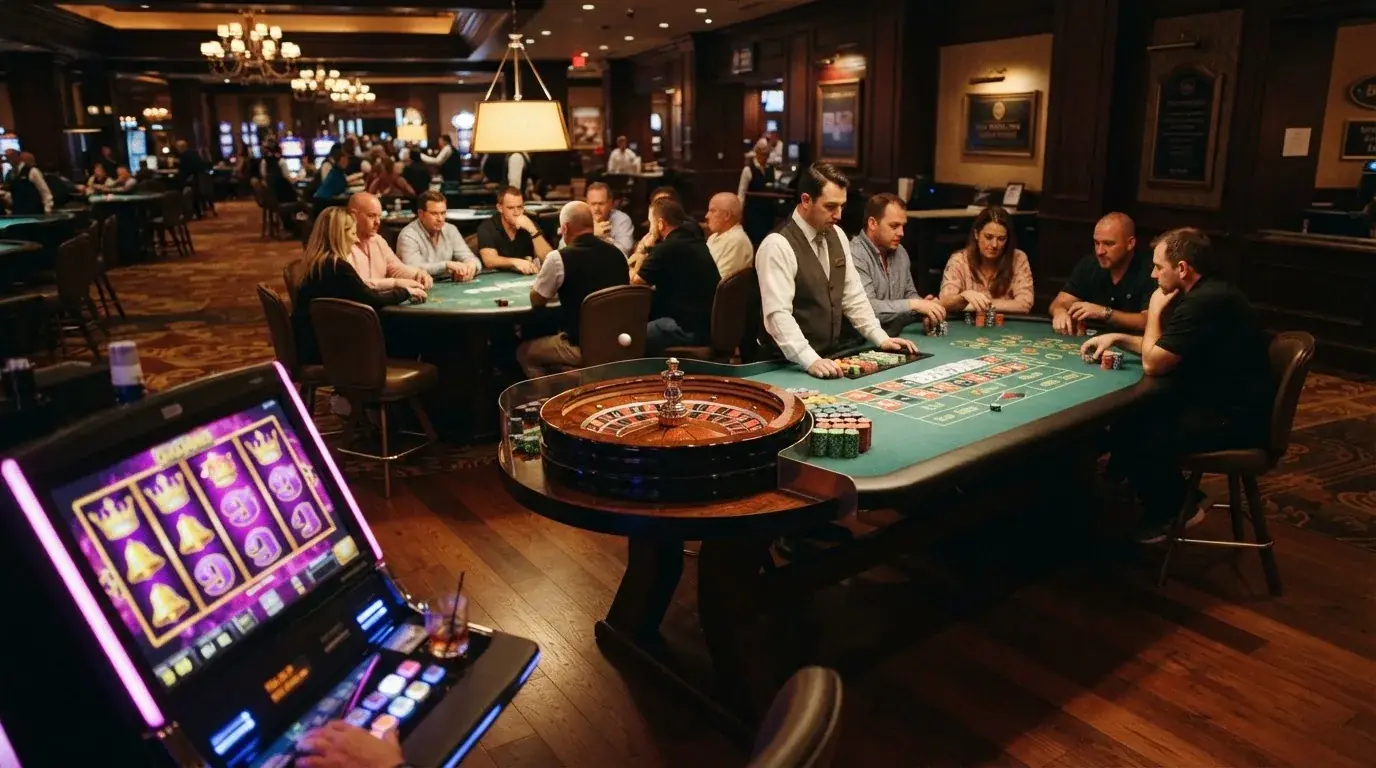 Collage visual con tres elementos: una tragaperras digital colorida en primer plano, una ruleta en vivo con crupier real en una segunda pantalla, y un tapete de póquer con fichas y cartas de Texas Hold'em en una tercera