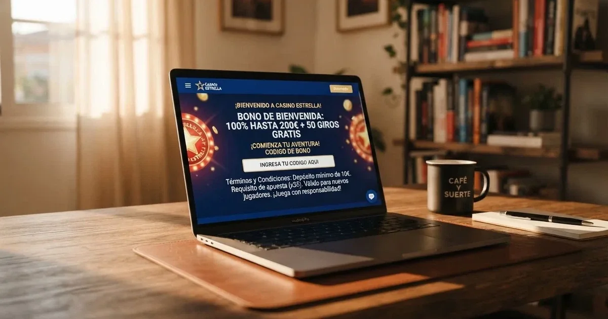 Pantalla de un casino online español mostrando la sección de promociones con un campo de código promocional y los términos del bono visibles