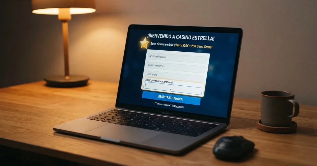 Pantalla principal de un casino online español con licencia DGOJ mostrando el banner de bienvenida y el campo de código promocional destacado en el formulario de registro