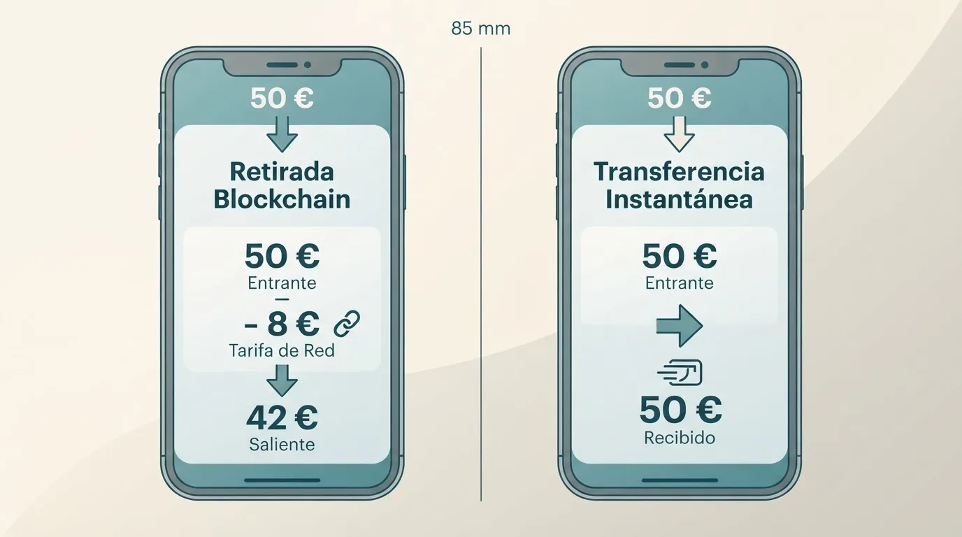 Un gráfico sencillo que compara un retiro de 50 € en bitcoin (quedan 42 € tras la comisión) frente al mismo importe por Bizum (llegan 50 € íntegros)