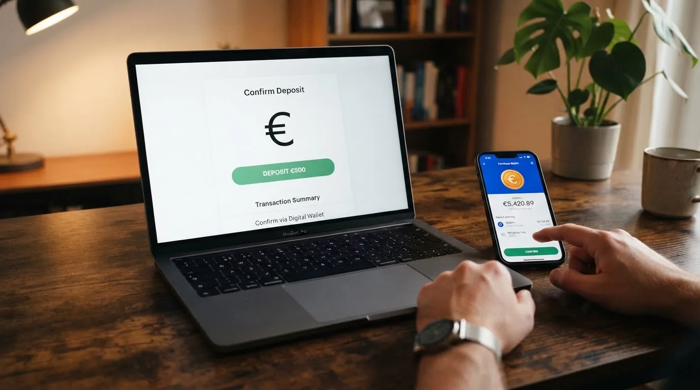 Un ordenador portátil mostrando una cartera Dogecoin y la pantalla de depósito de un casino online, con una flecha que conecta ambas interfaces