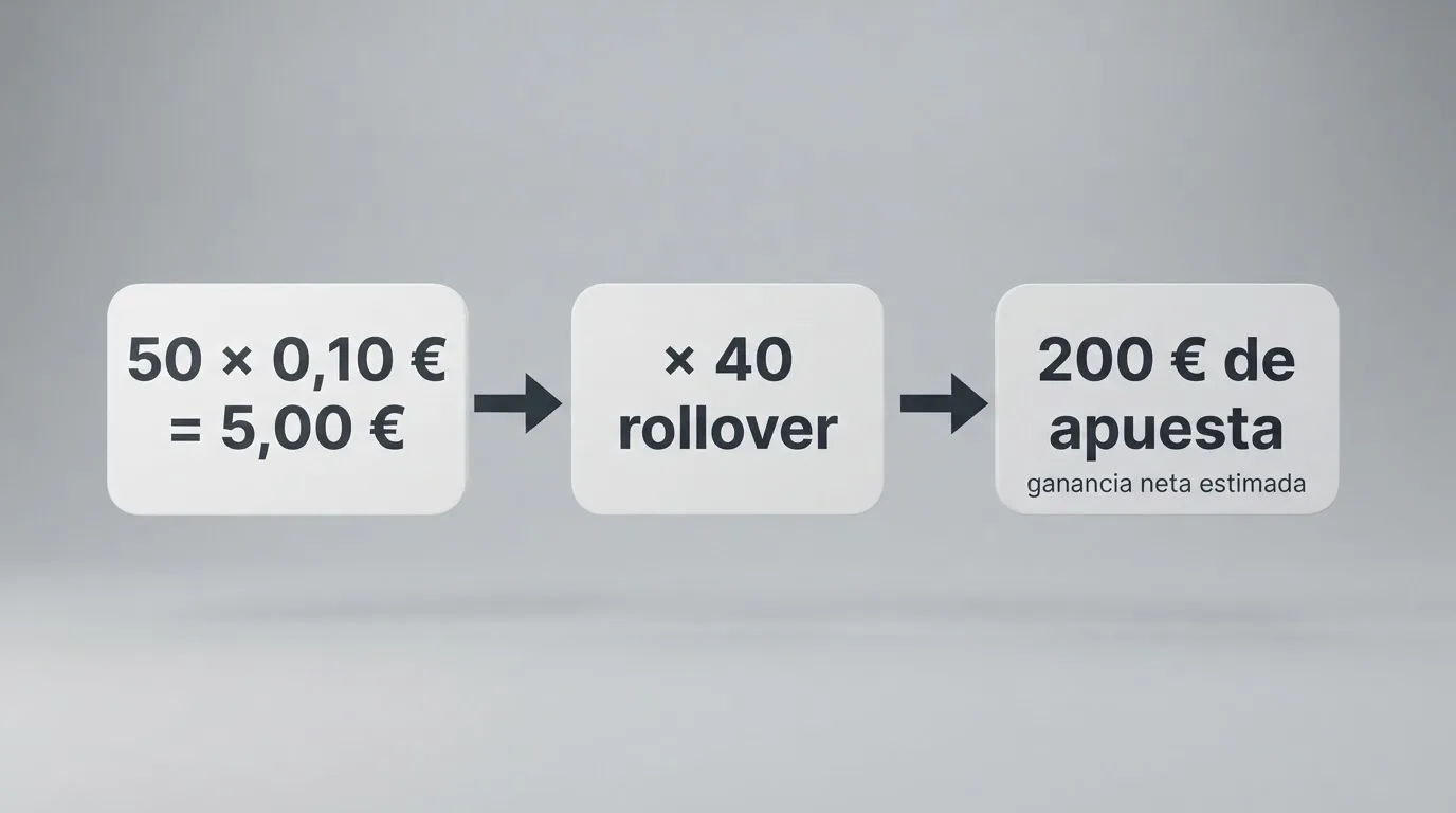 Infografía que desglosa el cálculo del valor real de una oferta de giros gratis mostrando la fórmula valor por giro × número de giros, flecha hacia requisito de apuesta, flecha hacia ganancia neta estimada