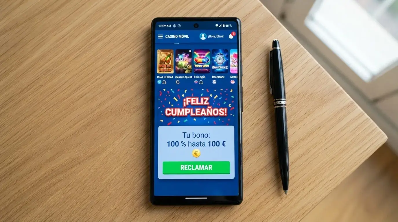 Interfaz de casino online español con tragaperras destacadas y una promoción de cumpleaños activa.