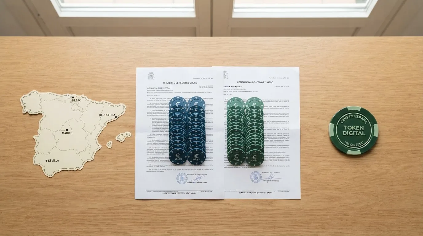 Una mesa de comparación visual con fichas de póquer apiladas sobre licencias de Curaçao y Anjouan, junto a un mapa de España y el símbolo de Bitcoin Cash