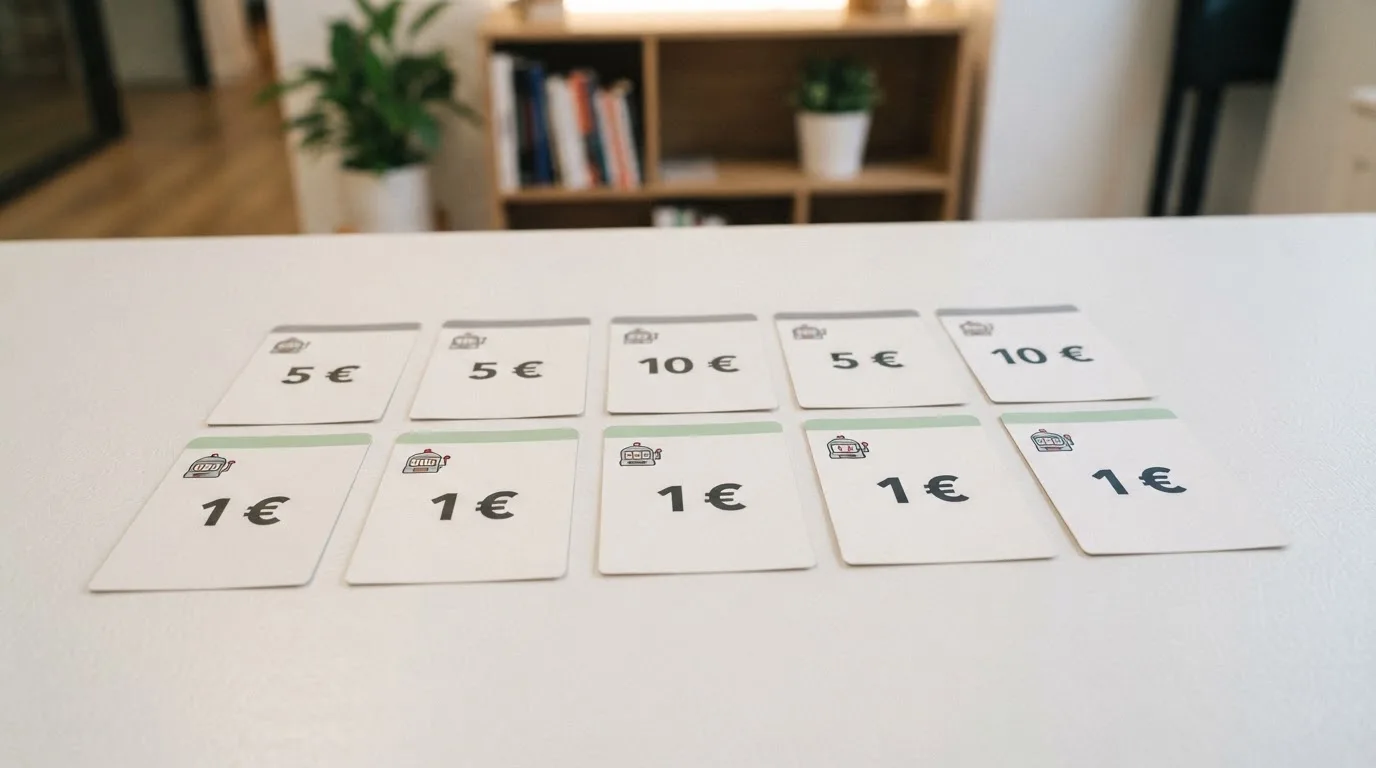 Tarjetas de los diez casinos comparados con su depósito mínimo y el método que lo permite debajo de cada nombre