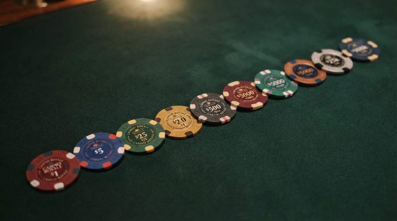 Diez fichas de casino alineadas sobre una mesa de juego virtual, cada una con el logo de un operador con licencia DGOJ, ordenadas por valor de oferta