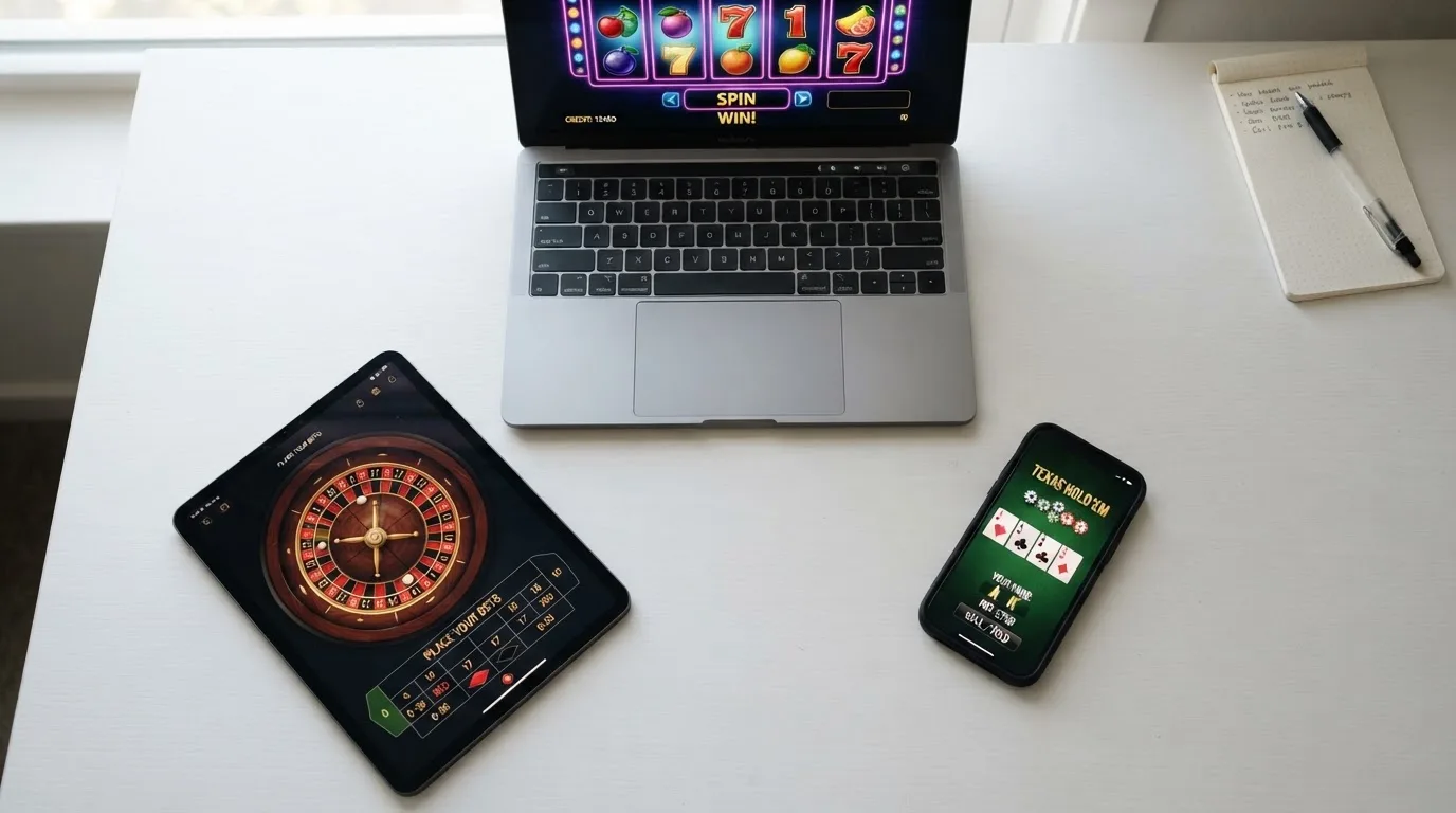Vista cenital de una mesa con varios dispositivos mostrando las páginas de inicio de distintos casinos online que aceptan Neosurf