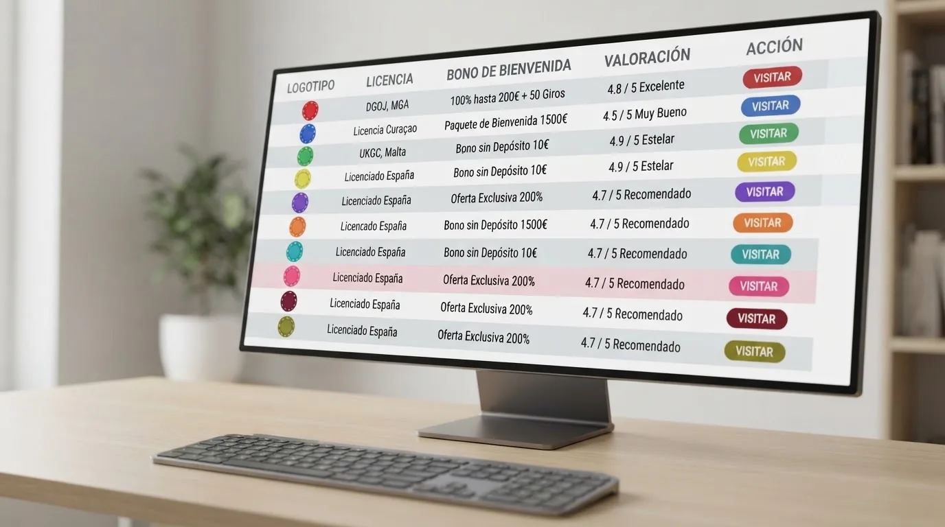 Tabla comparativa con logotipos y datos de licencia, bono de bienvenida y puntuación de diez casinos online