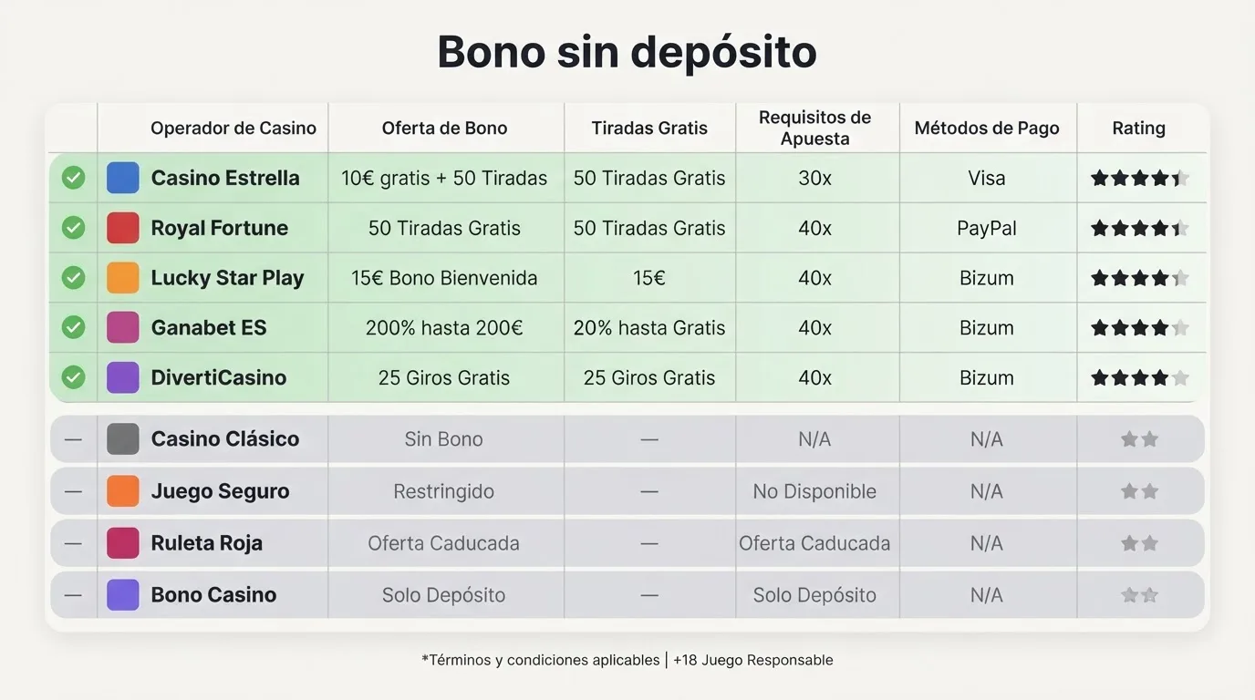 Tabla con los logotipos de los diez operadores analizados, destacando en verde los cinco que sí ofrecen bono sin depósito