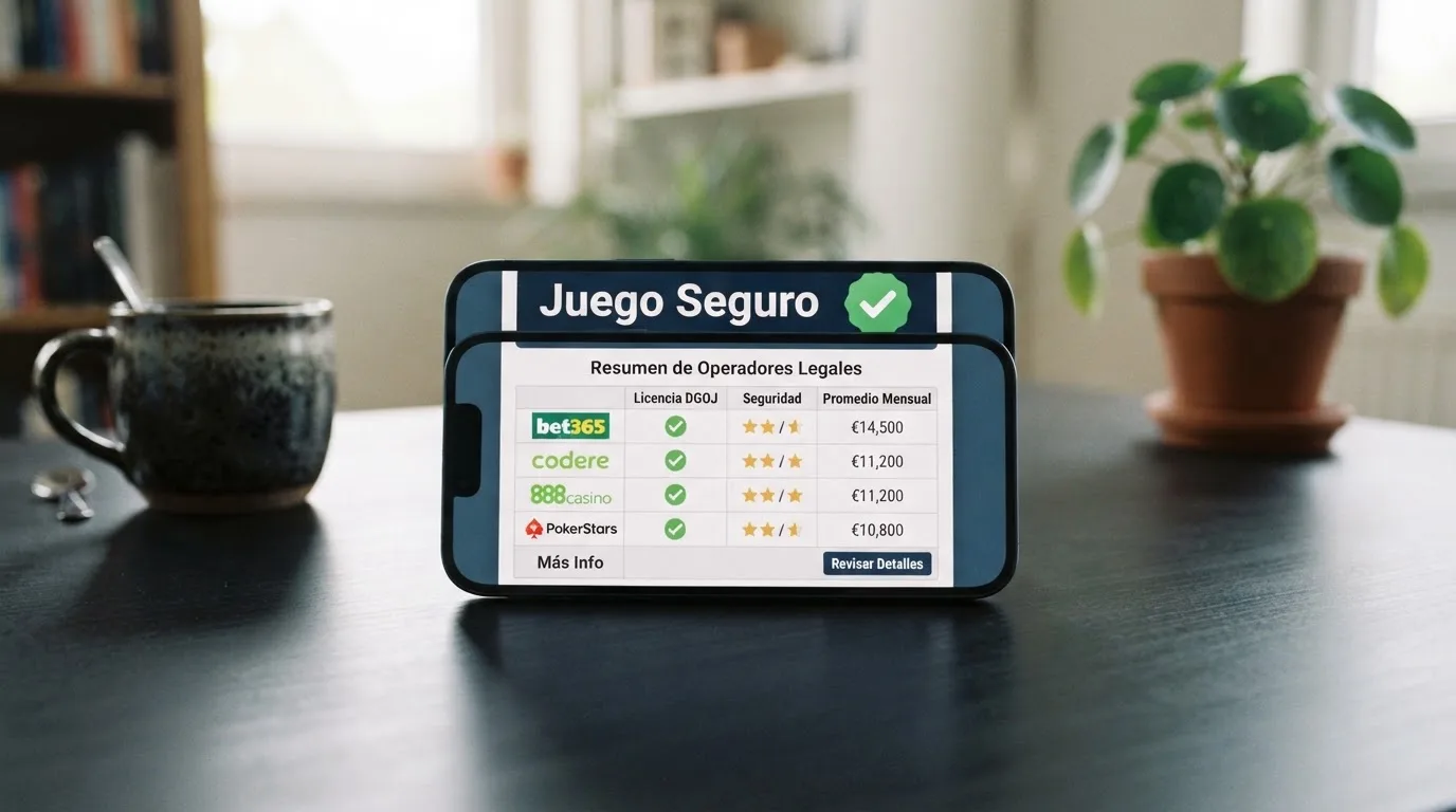 Dispositivo móvil mostrando una tabla comparativa con filas de operadores y columnas de criterios, con el dominio .es y el sello Juego Seguro destacados en la interfaz