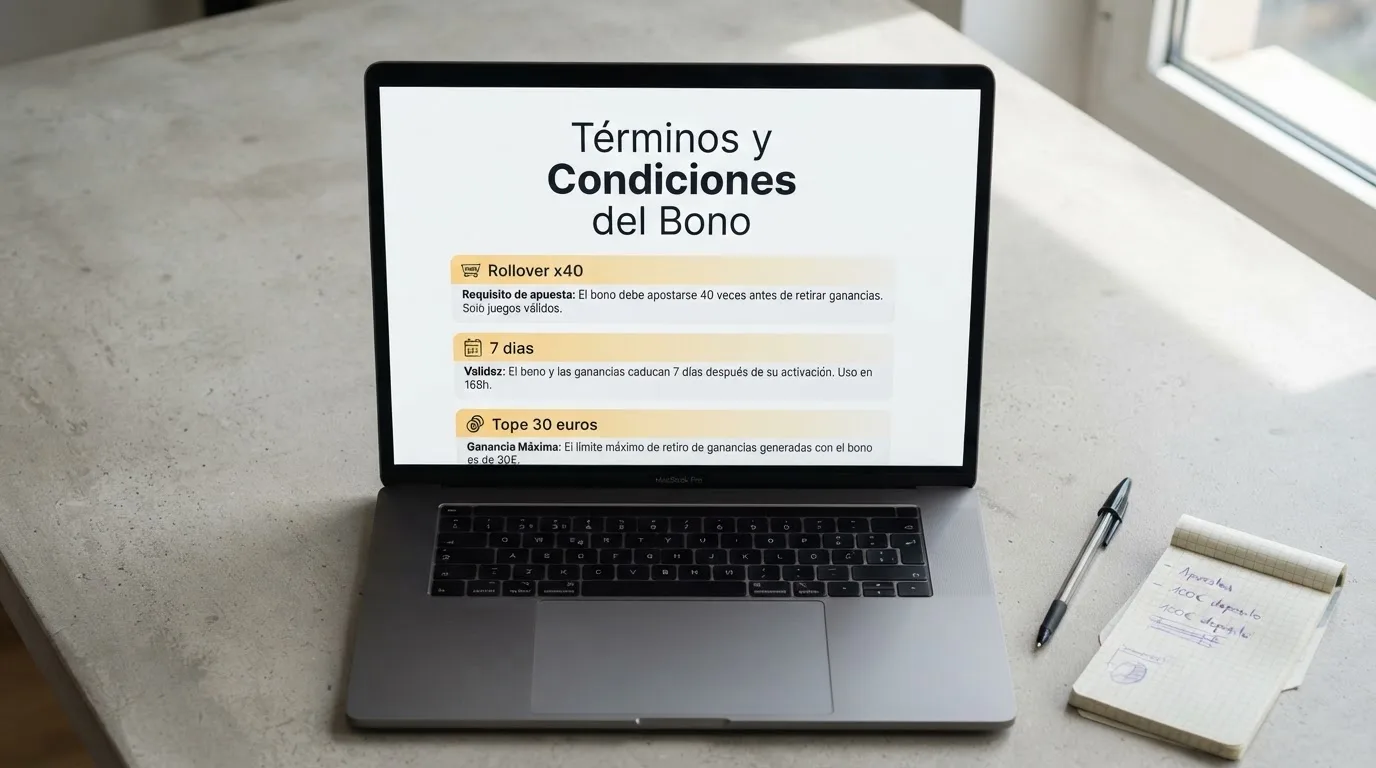 Primer plano de los términos y condiciones de un bono sin depósito en la web de un casino español, con el requisito de apuesta, el plazo y el tope de ganancias resaltados