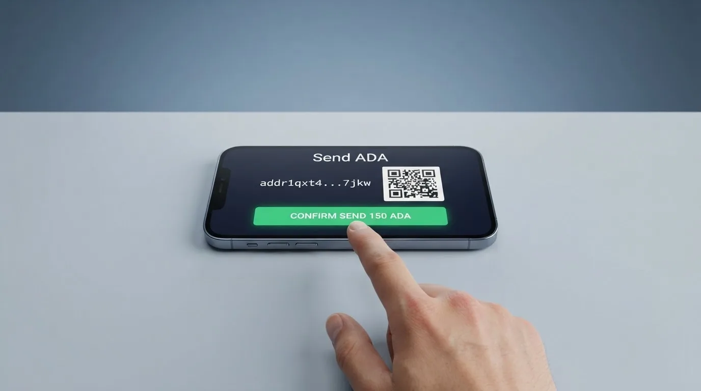 Interfaz de envío de ADA desde una wallet móvil mostrando una dirección de depósito addr1 con un código QR listo para escanear