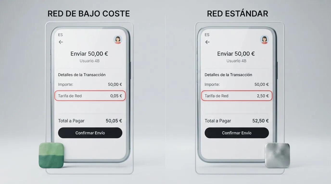 Pantalla dividida: a la izquierda, un monedero enviando BCH con una comisión de red de menos de 0,05 USD; a la derecha, la misma operación en BTC con una comisión 50 veces mayor