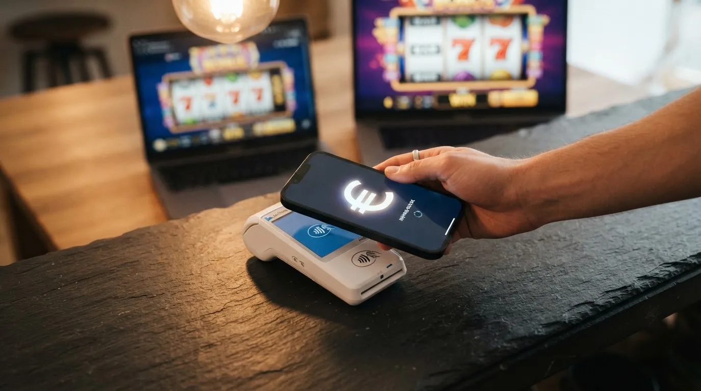 Una mano acercando un smartphone al datáfono NFC con la pantalla del cajero del casino de fondo