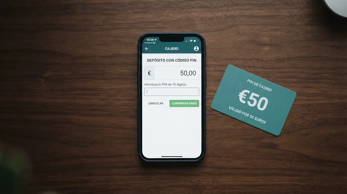 Pantalla de cajera de un casino online con Neosurf seleccionado como método de pago y un código PIN a punto de introducirse