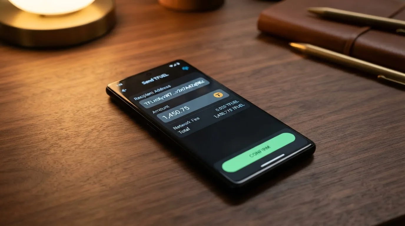 Pantalla de una wallet TRON móvil mostrando los campos de una transacción de envío: dirección del casino, importe en TRX y botón de confirmación