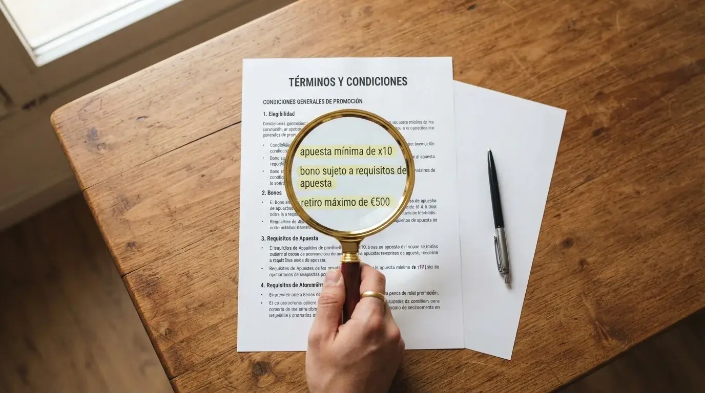Una lupa sobre la letra pequeña de un documento de términos y condiciones con frases como «rollover x1», «tope máximo 5 €» y «juegos excluidos» resaltadas