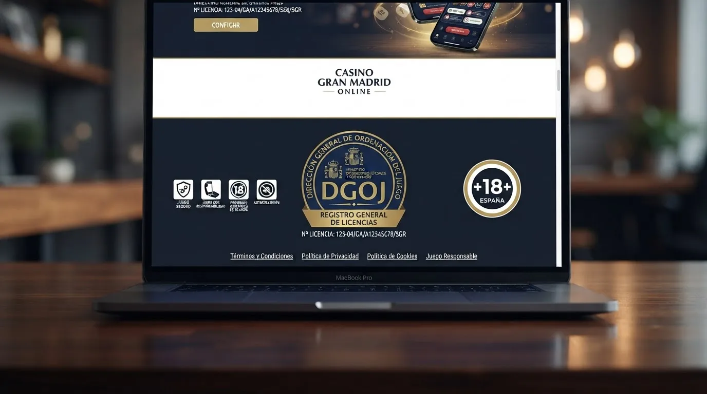 Pie de página de un sitio de casino online español donde se muestra el sello de la DGOJ junto al número de licencia y los logos de juego responsable