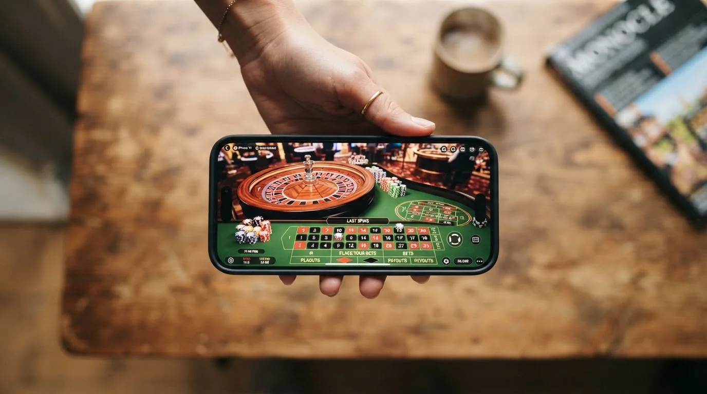 Un jugador sosteniendo un teléfono con una mesa de ruleta en vivo de Evolution Gaming en pantalla