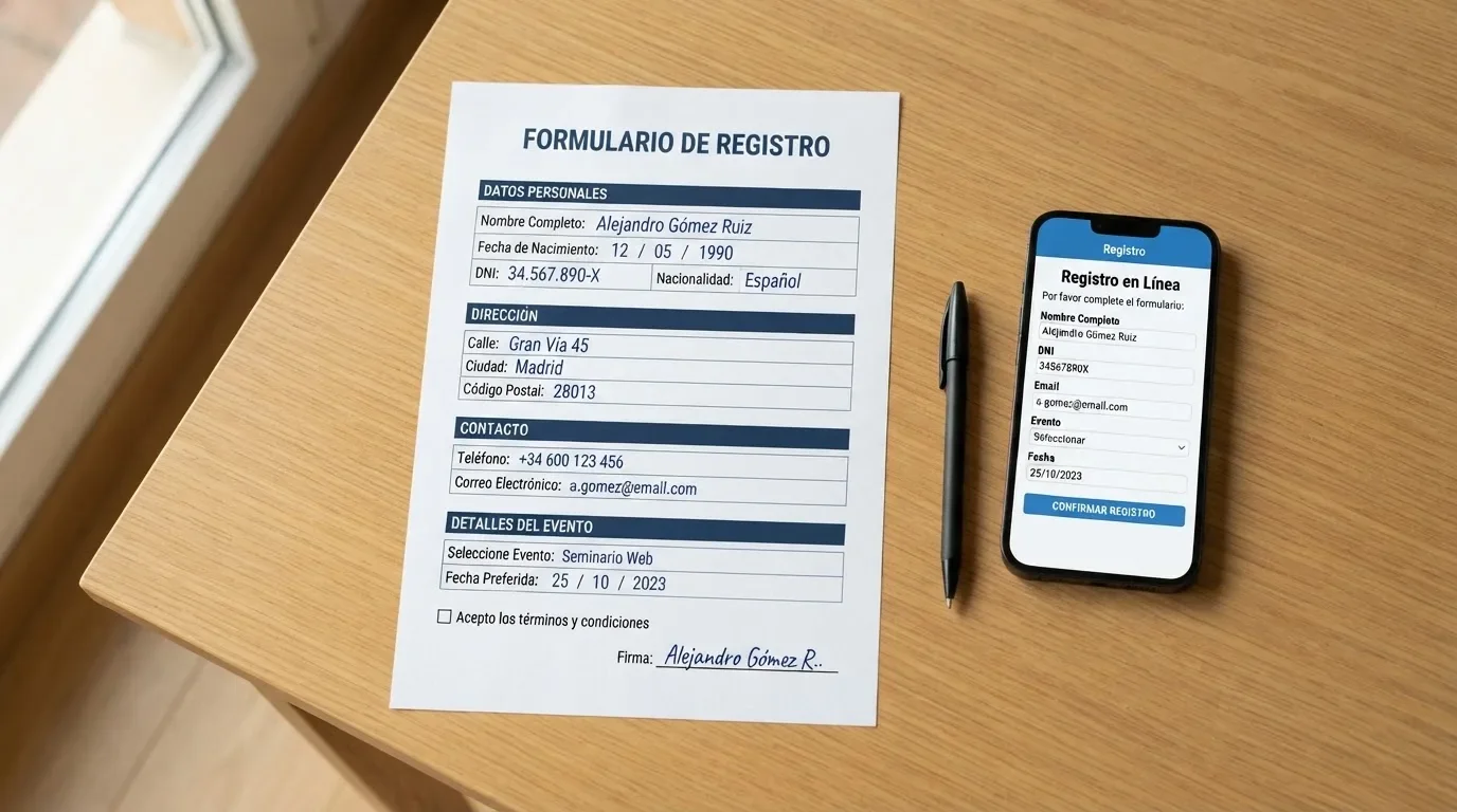 Primer plano de un formulario oficial de la DGOJ sobre una mesa junto a un teléfono móvil con la sede electrónica abierta