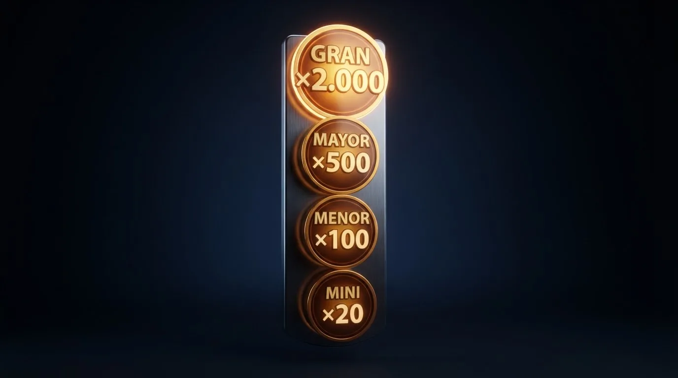 Panel de jackpots de una slot Fire Blaze mostrando los cuatro niveles —Mini, Minor, Major, Grand— con sus multiplicadores bajo cada icono