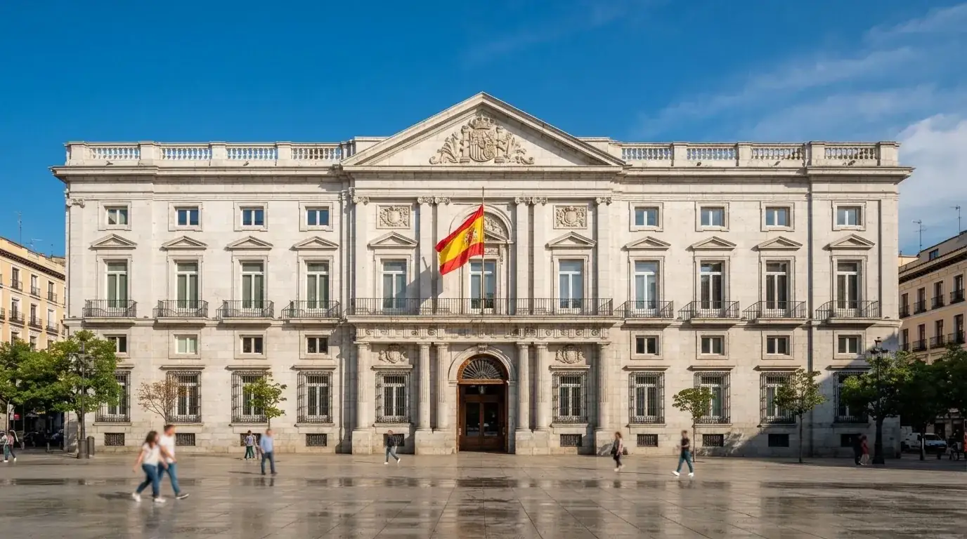 Fachada del Ministerio de Derechos Sociales, Consumo y Agenda 2030, sede de la DGOJ, con la bandera española y el escudo institucional visibles