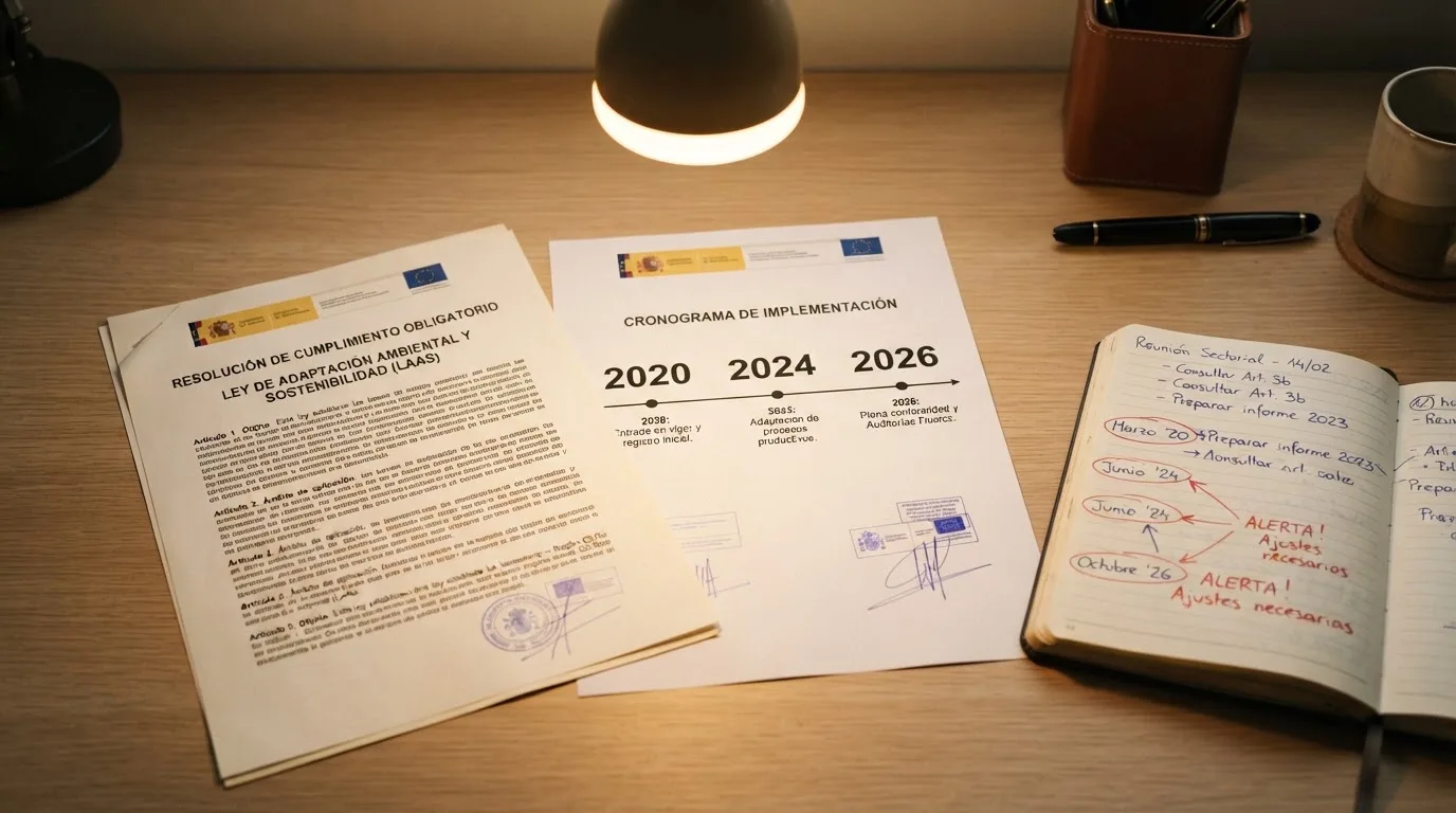 Documentos oficiales del BOE junto al logotipo de la DGOJ sobre un escritorio, con un calendario que marca las fechas clave de la regulación