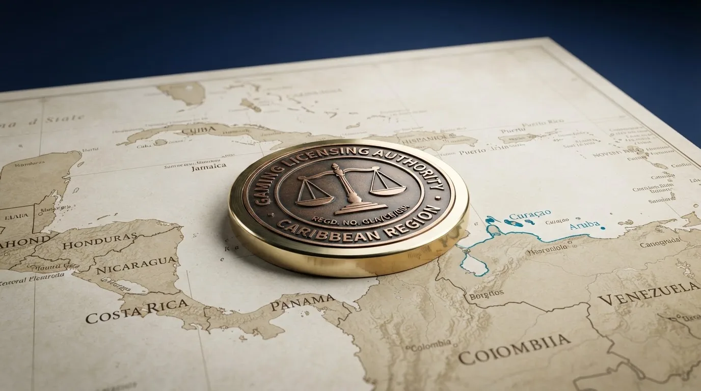 Sello de licencia de juego sobre un mapa con las jurisdicciones de Curazao y Anjouan resaltadas, sin la marca de la DGOJ